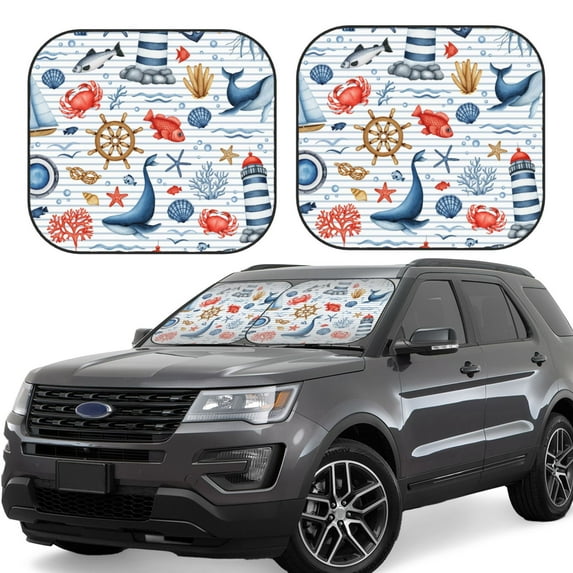 Yiaed Watercolor Nautical Print Car Front Windshield Sun Shade,Foldable Anti-UV Car Sunshade for Front Window for Most Vehicles-Large