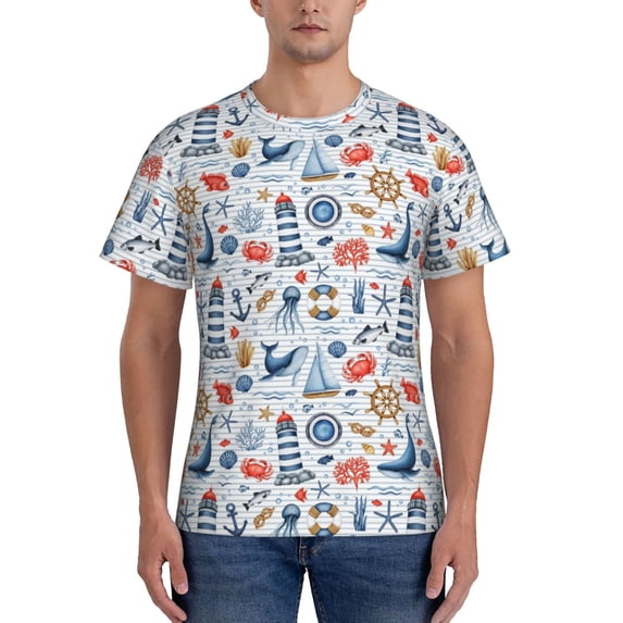 Yiaed Watercolor Nautical Print Mens Short Sleeve Tight Fit T-Shirt, Crewneck Casual Tee-XX-Large