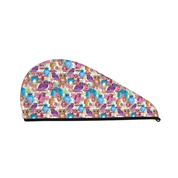 Yiaed Watercolor Owl Print Hair Cap with Button,Coral Fleece Hair Towel Wrap for Women Wet Hair,Quick Dry Turban for Wet Hair Long Thick Hair