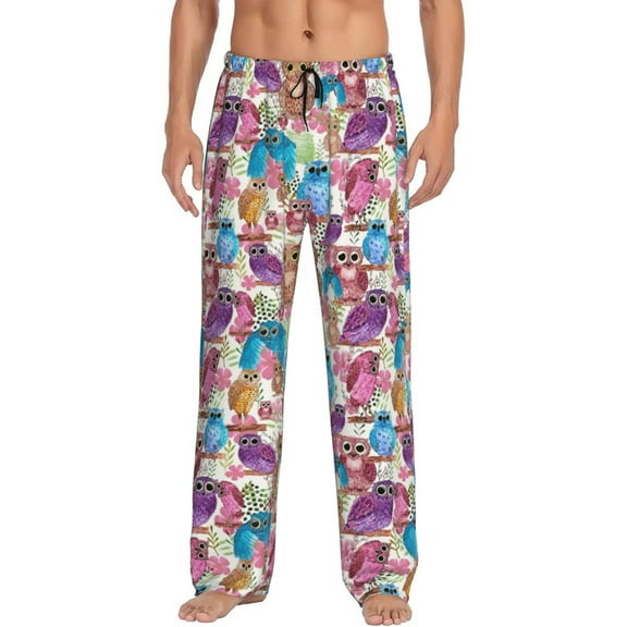Yiaed Watercolor Owl Print Men's Lounge Pants, Loose PJ Bottoms, Long Pajama Pants for Men-Medium