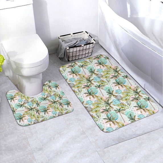 Yiaed Watercolor Palm Tree Print Bathroom Mat Set 2 Pieces Mat Anti-Skid Pad Ultra Soft and Absorbent Bathroom Bath Mat Contour Bath Rugs for Toilet Base