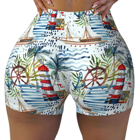 Yiaed Watercolor Sailboat Print Women's Athletic Shorts Running Shorts Sporty Short High Waisted Elastic Workout Shorts for Yoga Gym Running & Sports -XX-Large