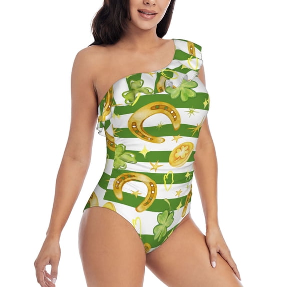 Yiaed Watercolor St Patrick Day Print Women One Piece Swimsuits Tummy Control One Shoulder Bathing Suits Pattern Ruffle Swimwear-XX-Large