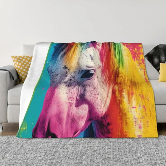 Yiaed Watercolor White Horse Print Blanket Throw Blanket Soft Cozy Flannel Blanket for Home Bed Sofa Couch Chair-80"x60"