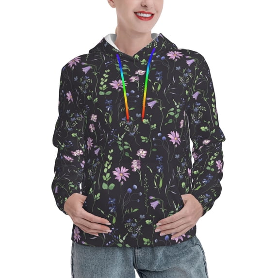 Yiaed Watercolor Wildflower 1 Print Womens Casual Hoodies Crew Neck Long Sleeve Sweatshirts With Pocket Pullover Tops Women's Hooded Sweatshirt-Small