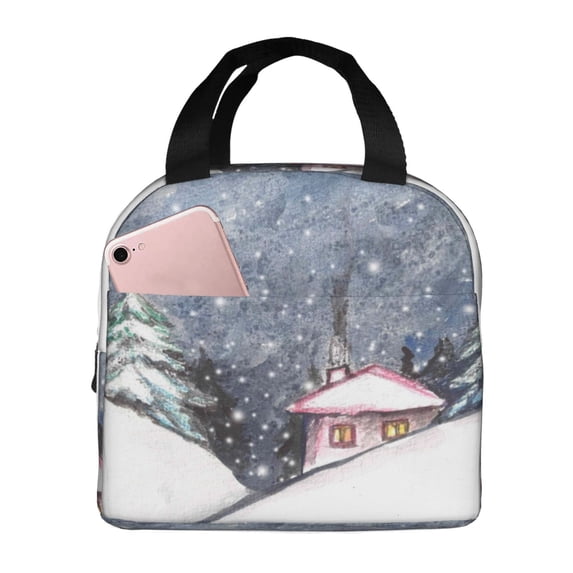 Yiaed Watercolor Winter Landscape For Christmas Print Insulated Lunch Bag Reusable Cute Tote Lunch Box, Leakproof Cooler Lunch Bags for Work Office Travel School Picnic