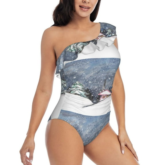 Yiaed Watercolor Winter Landscape For Christmas Print Women One Piece Swimsuits Tummy Control One Shoulder Bathing Suits Pattern Ruffle Swimwear-Large
