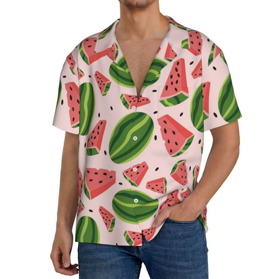 Yiaed Watermelon Print Mens Casual Wrinkle Free Shirts Short Sleeve Button Down Summer Stretch Dress Shirt-Medium