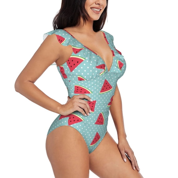 Yiaed Watermelon Print Women's Ruffled One Piece Swimsuit V Neck Swimwear Slimming Monokini for Woman-Medium