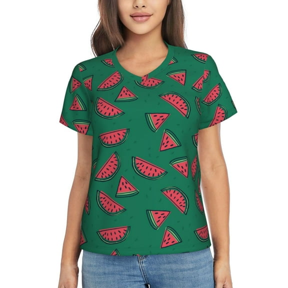 Yiaed Watermelon Print Women's T Shirt V-Neck Short Sleeve Shirt Casual Breathable Tee Summer Tops-Small