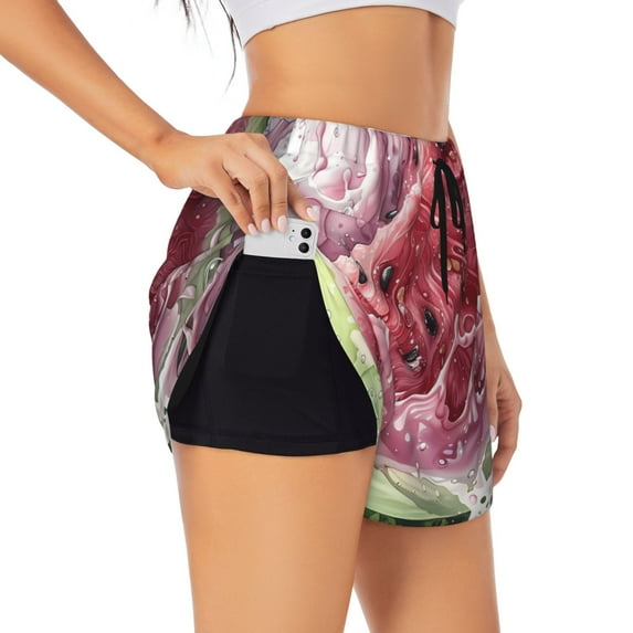 Yiaed Watermelon Splash Realism Art Print Women's Running Shorts with Liner 3 Zipper Pockets Elastic Workout Athletic Gym Yoga Shorts-Medium