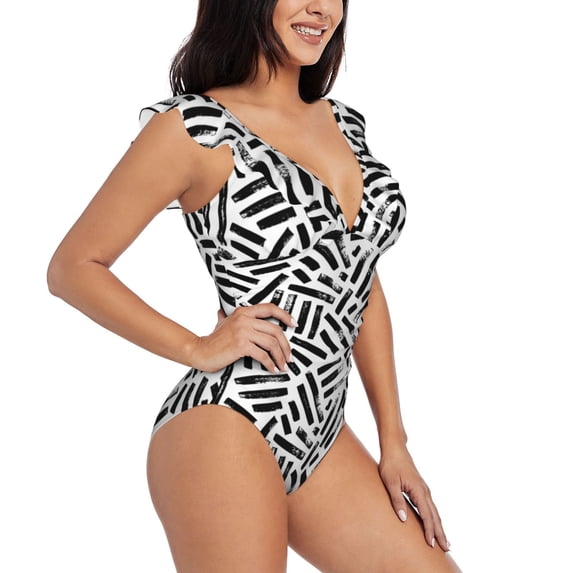 Yiaed Weave Geometric Print Women's Ruffled One Piece Swimsuit V Neck Swimwear Slimming Monokini for Woman-Large
