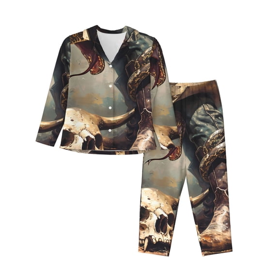Yiaed Western Cowboy Snake Ram Skull Print Pajamas Women's Long Sleeve Sleepwear Soft Button Down Loungewear Pjs Lounge Set Nightwear Womens Pajama Pants-Small