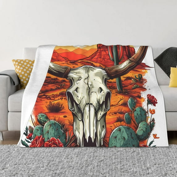Yiaed Western Desert Cactus Ram Skull Print Blanket Throw Blanket Soft Cozy Flannel Blanket for Home Bed Sofa Couch Chair-50"x40"