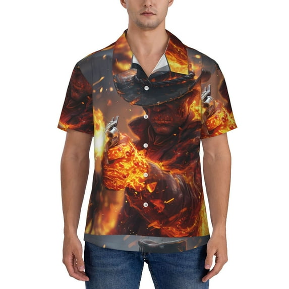 Yiaed Western Fire Cowboy Print Hawaiian Shirt for Men Short Sleeve Button Down Shirts Beach Shirts for Men-Small