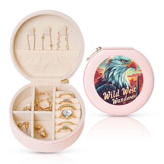 Yiaed Western Style Bald Eagle Print Travel Jewelry Case Bridesmaid Gift Boxes Jewelry Travel Organizer Small Round Jewelry Box Mini Storage-Pink