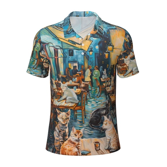 Yiaed Whimsical Cats Night CafePrint Men's Short Sleeve Polo Shirt,Golf Polo for Men Three-Button Golf Shirt Athletic Casual Collared T-Shirt- Large