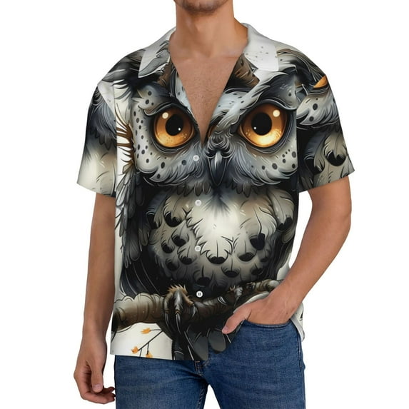 Yiaed Whimsical Owl On Branch Print Mens Casual Wrinkle Free Shirts Short Sleeve Button Down Summer Stretch Dress Shirt-Large