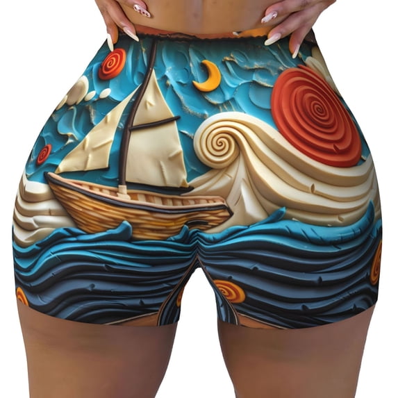 Yiaed Whimsical Sailboat Ocean Art Print Women's Athletic Shorts Running Shorts Sporty Short High Waisted Elastic Workout Shorts for Yoga Gym Running & Sports -XX-Large