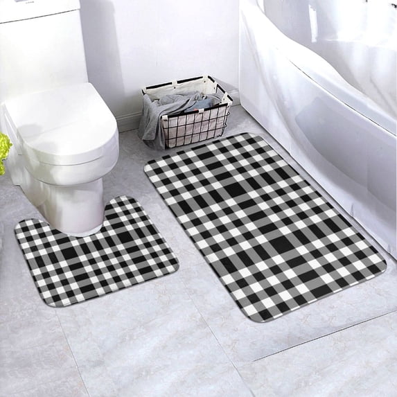 Yiaed White And Black Plaid Print Bathroom Mat Set 2 Pieces Mat Anti-Skid Pad Ultra Soft and Absorbent Bathroom Bath Mat Contour Bath Rugs for Toilet Base