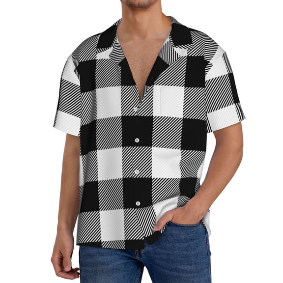 Yiaed White And Black Plaid Print Mens Casual Wrinkle Free Shirts Short Sleeve Button Down Summer Stretch Dress Shirt-3X-Large