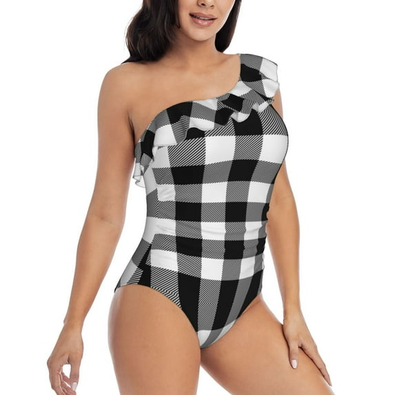 Yiaed White And Black Plaid Print Women One Piece Swimsuits Tummy Control One Shoulder Bathing Suits Pattern Ruffle Swimwear-Medium