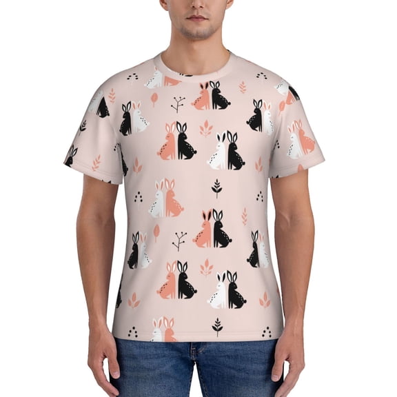 Yiaed White And Black Rabbit Print Mens Short Sleeve Tight Fit T-Shirt, Crewneck Casual Tee-X-Large