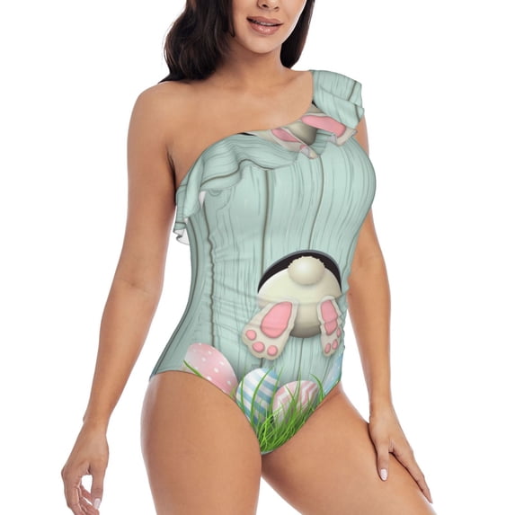 Yiaed White Bunny Bottom And Easter Eggs Print Women One Piece Swimsuits Tummy Control One Shoulder Bathing Suits Pattern Ruffle Swimwear-Medium