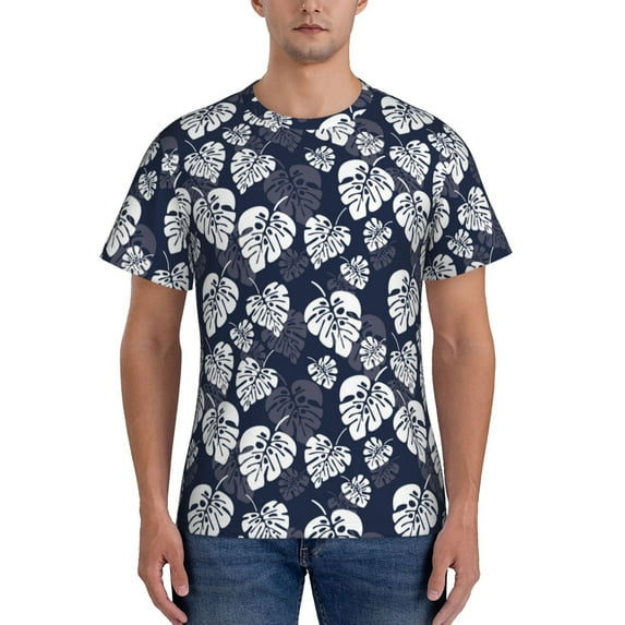 Yiaed White Leaves Print Mens Short Sleeve Tight Fit T-Shirt, Crewneck Casual Tee-Large