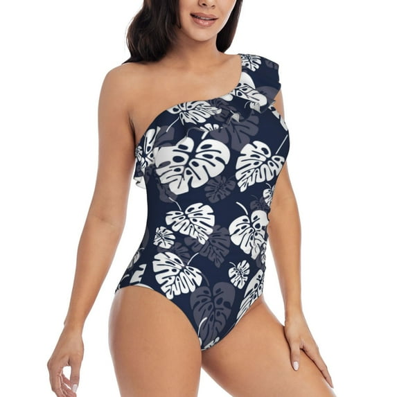 Yiaed White Leaves Print Women One Piece Swimsuits Tummy Control One Shoulder Bathing Suits Pattern Ruffle Swimwear-XX-Large