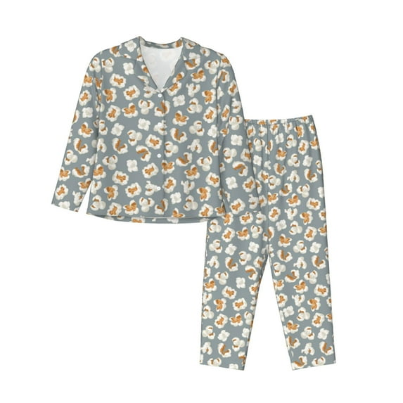 Yiaed White Popcorn Print Pajamas Women's Long Sleeve Sleepwear Soft Button Down Loungewear Pjs Lounge Set Nightwear Womens Pajama Pants-X-Large