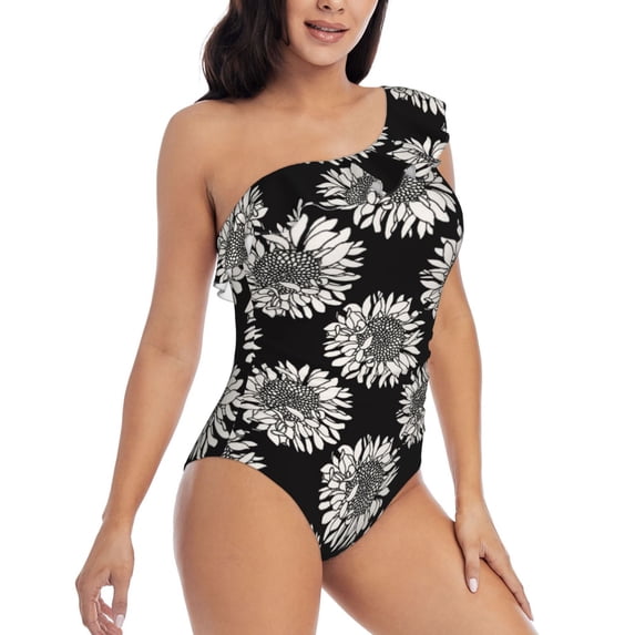 Yiaed White Sunflowers Print Women One Piece Swimsuits Tummy Control One Shoulder Bathing Suits Pattern Ruffle Swimwear-Medium