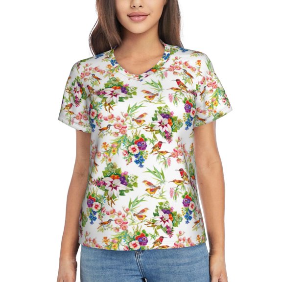 Yiaed Wild Exotic Birds And Flowers Print Women's T Shirt V-Neck Short Sleeve Shirt Casual Breathable Tee Summer Tops-Large