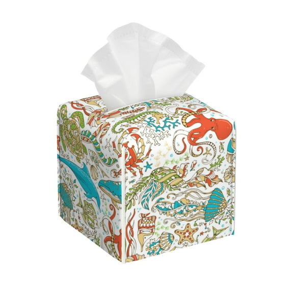 Yiaed Wild Sea Life Print Tissue Box Cover, PU Leather Decorative Organizer for Tabletop, Bathroom, Car, Office Creative Decorative