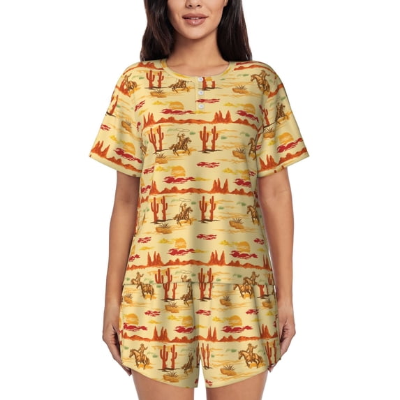 Yiaed Wild West Colorful Print Short Sleeve Pajama Sets for Women Casual Crew Neck 2 Piece Lounge Sets Women's Short-Sleeved Pajama-Small