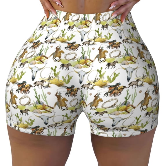 Yiaed Wild West Western Print Women's Athletic Shorts Running Shorts Sporty Short High Waisted Elastic Workout Shorts for Yoga Gym Running & Sports -X-Large