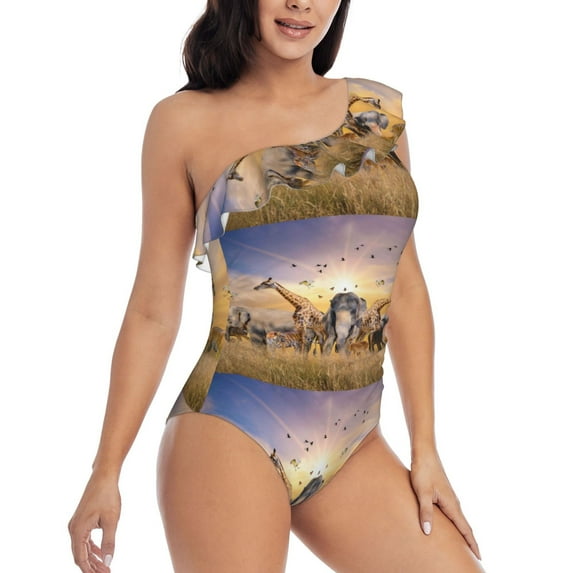 Yiaed Wildlife Protection Print Women One Piece Swimsuits Tummy Control One Shoulder Bathing Suits Pattern Ruffle Swimwear-XX-Large