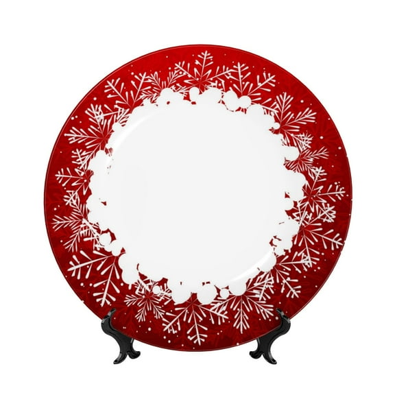 Yiaed Winter Christmas Snowflake Print Bone China Decorative Plate Ceramic Dinner Plates Art Crafts with Display Stand-6in