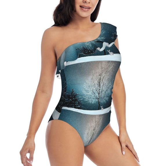 Yiaed Winter Rabbit Print Women One Piece Swimsuits Tummy Control One Shoulder Bathing Suits Pattern Ruffle Swimwear-XX-Large
