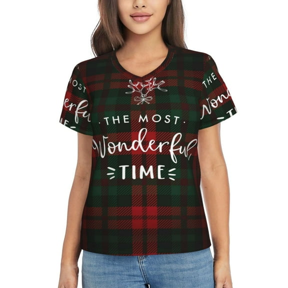 Yiaed Wonderful Time Christmas Print Women's T Shirt V-Neck Short Sleeve Shirt Casual Breathable Tee Summer Tops-Small