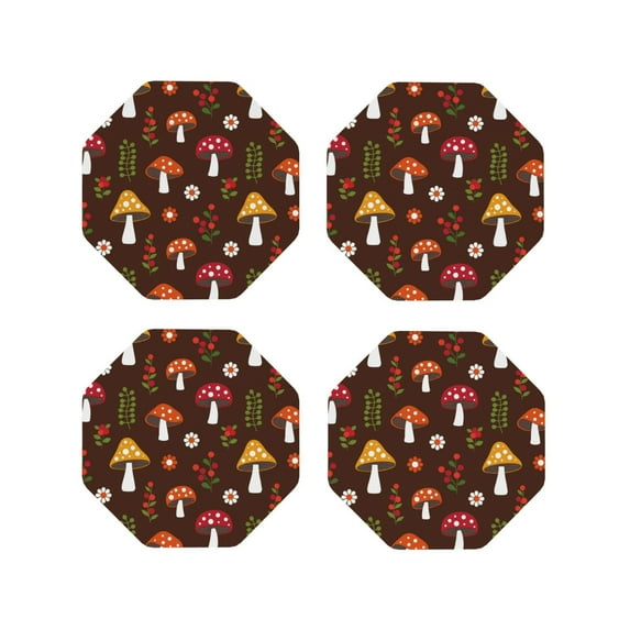 Yiaed Woodland Mushroom Print Leather Coasters for Drinks - Cup Coasters Coffee Table Kitchen Table Bar, Home & Office Gifts Handmade Drink Coasters-Octagon