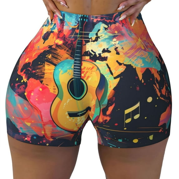 Yiaed World Map Guitar Illustration Print Women's Athletic Shorts Running Shorts Sporty Short High Waisted Elastic Workout Shorts for Yoga Gym Running & Sports -Medium