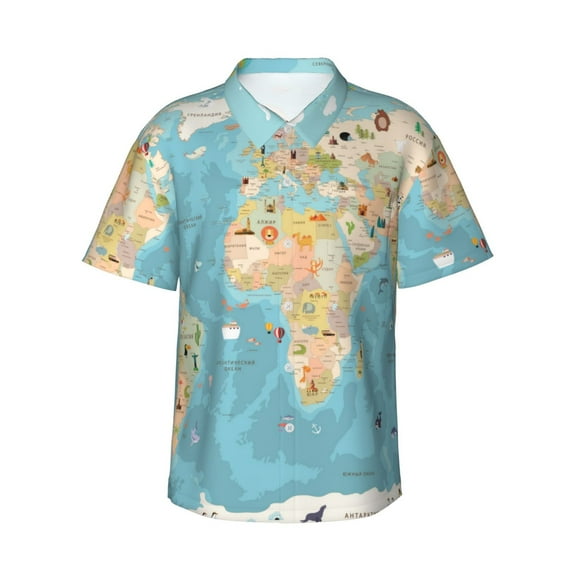 Yiaed World Map With Animals 1 Print Hawaiian Shirt for Men Short Sleeve Button Down Shirts Beach Shirts for Men,X-Large