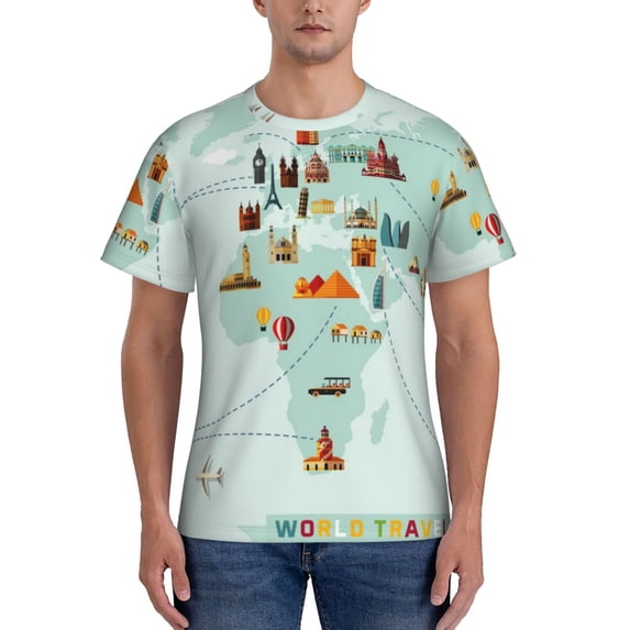 Yiaed World Travel Map Print Mens Short Sleeve Tight Fit T-Shirt, Crewneck Casual Tee-Medium
