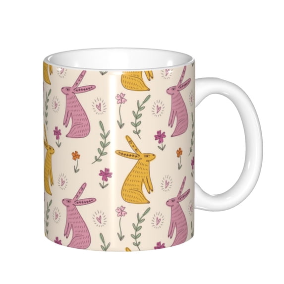 Yiaed Yellow Pueple Rabbit Print Ceramics Coffee,Large Handle Design,Extra Large Tea and Coffee Cup for Office and Home Mugs