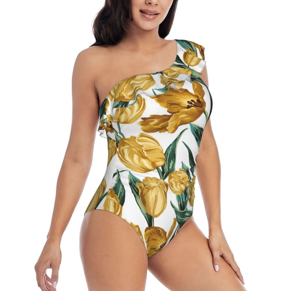 Yiaed Yellow Tulips Print Women One Piece Swimsuits Tummy Control One Shoulder Bathing Suits Pattern Ruffle Swimwear-Small