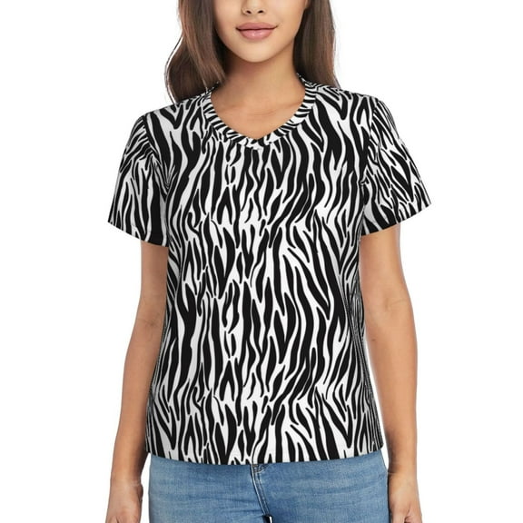 Yiaed Zebra Print Women's T Shirt V-Neck Short Sleeve Shirt Casual Breathable Tee Summer Tops-Small