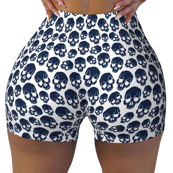 Yiaed black Skull white Print Women's Athletic Shorts Running Shorts Sporty Short High Waisted Elastic Workout Shorts for Yoga Gym Running & Sports -Small