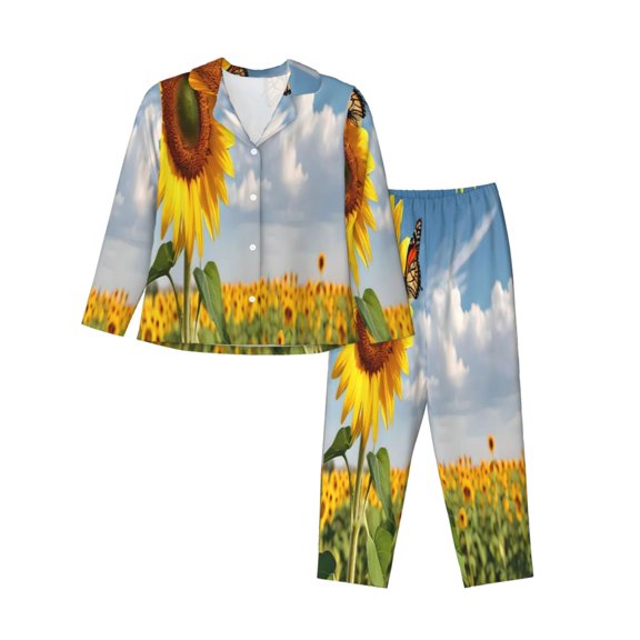 Yiaed butterfly and sunflower Print Pajamas Women's Long Sleeve Sleepwear Soft Button Down Loungewear Pjs Lounge Set Nightwear Womens Pajama Pants-Medium