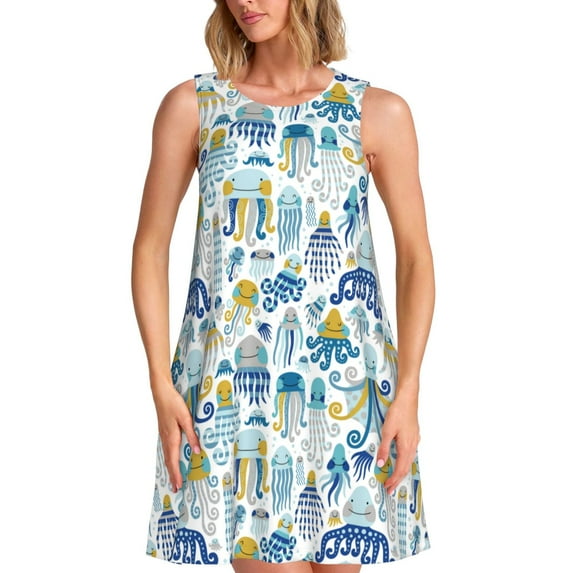 Yiaed cartoon octopus Print Women's Sleeveless Dress, Loose Fit Summer Dress, Casual Sleeveless Dress for Women